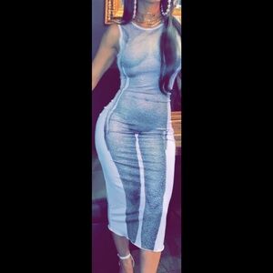Metallic Silver & White Bodycon Midi Dress